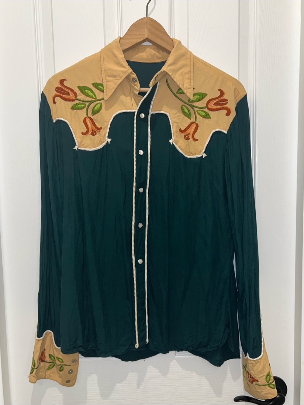 VTG 30's/40's H Bar C Men's Green Western Embroidered Shirt w Dot Snapper Pearl